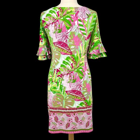 Pappagallo Tropical Double Flutter Sleeve Shift Dress Pink/Green Palm Leaf Small - Picture 10 of 14